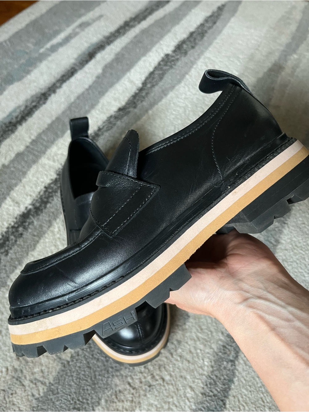 Ash Black Leather Platform Penny Loafers with Tan Accent - Picture 5 of 8